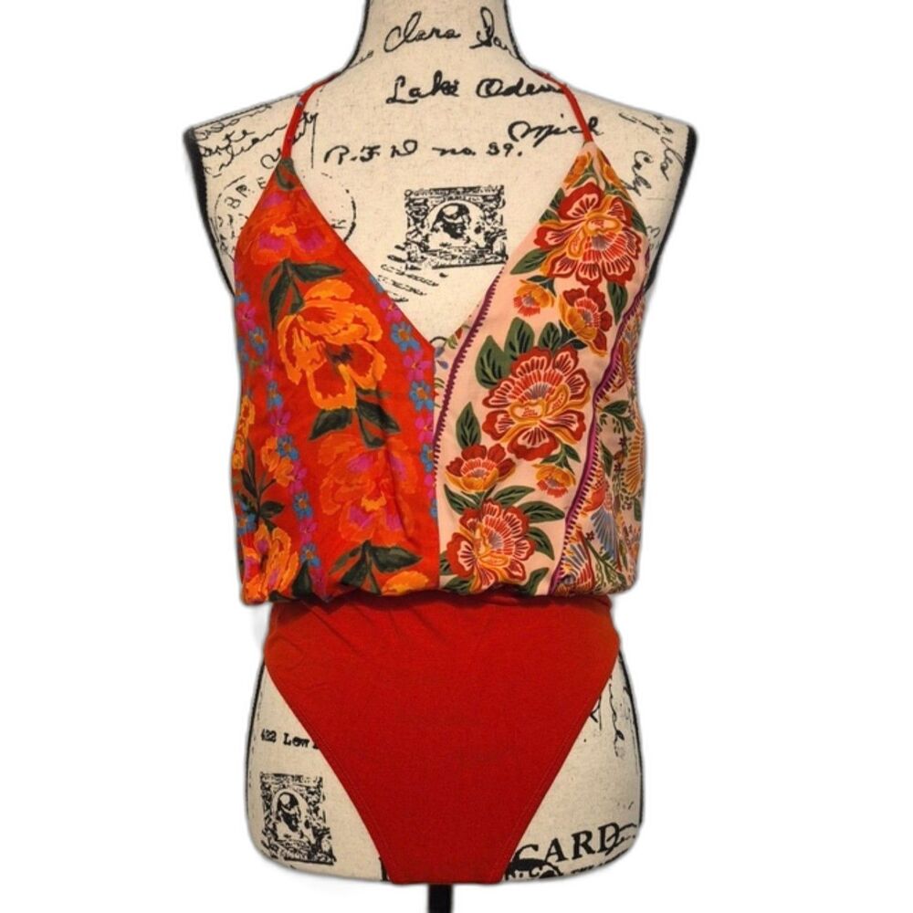FARM Rio Floral Patchwork Bodysuit Small Red Tropical Boho Surplice Cami